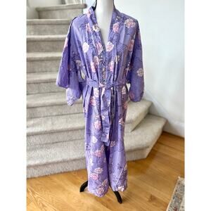 Vintage Purple & Pink Lotus Print Cotton Kimono Robe